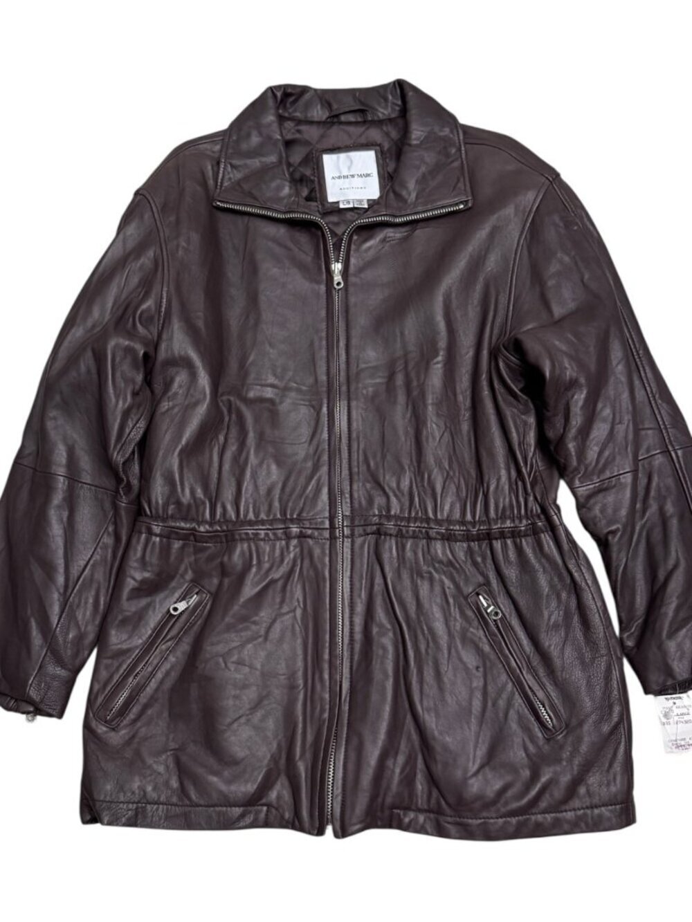 ANDREW MARC LEATHER Luxury Designer Brown Business Casual Coat Womens Large